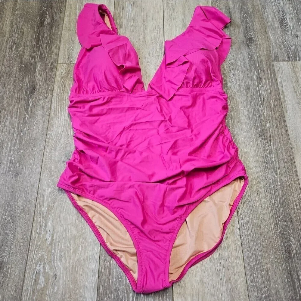 J. Crew Ruched V Neck Ruffle One Piece Swimsuit Women's Plus 20 Fuchsia Pink